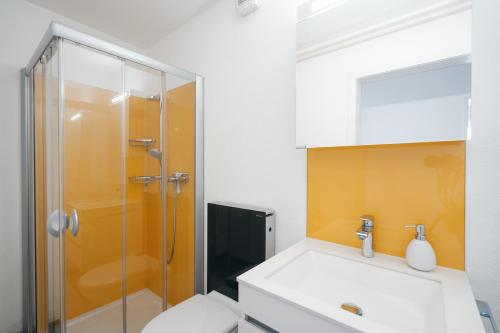 La salle de bains est pourvue d'une douche, de toilettes et d'un lavabo. dans l'établissement Apartment Im Aeschen, à Amden