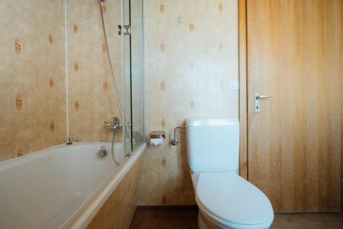 a bathroom with a toilet and a bath tub at Apartment Sonne in Amden