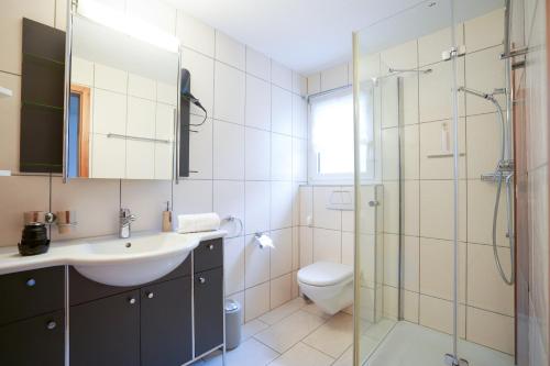 La salle de bains est pourvue d'un lavabo, de toilettes et d'une douche. dans l'établissement Haus Gmür Amden Erdgeschoss, à Amden