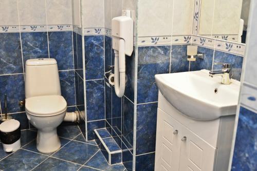 ソフィアにあるロペラ ハウスの青いタイル張りのバスルーム(トイレ、シンク付)