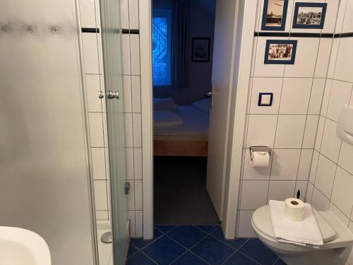 a bathroom with a toilet and a sink and a shower at Wohnung 225 mit Ostseeblick in Ostseebad Koserow