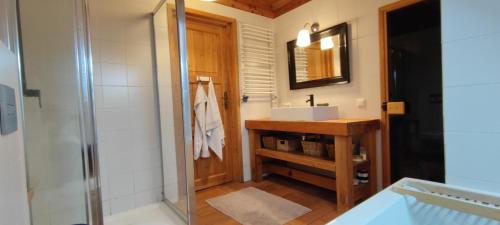 a bathroom with a sink and a shower at Dom Rodzinny w Niedźwiedzim Rogu- nad Śniardwami in Niedźwiedzi Róg
