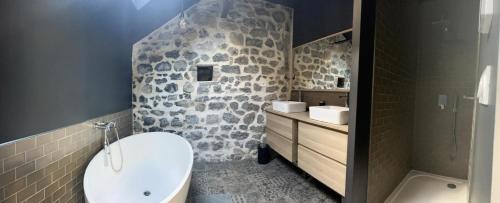 une salle de bain avec des toilettes blanches et un mur en pierre dans l'établissement Grand loft avec Piscine aux Portes des Cévennes, à Cendras
