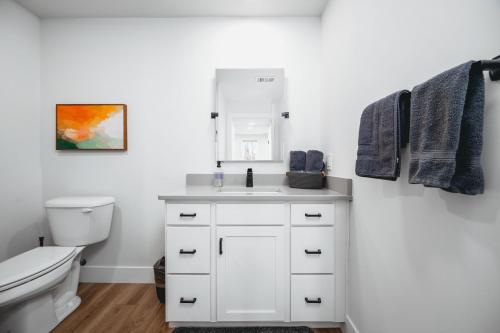 a bathroom with a white sink and a toilet at Downtown Traverse City Apartment near West Bay in Traverse City