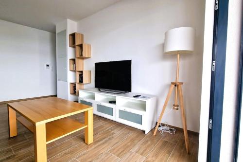 uma sala de estar com uma mesa e uma televisão em Le frontalier appart em Saint-Louis