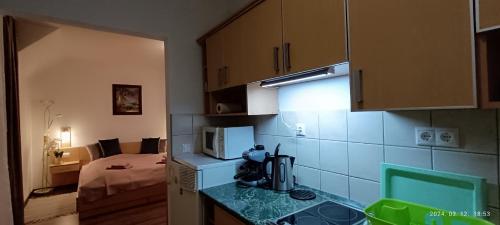kuchnia z blatem i pokój z łóżkiem w obiekcie Borisz Apartman Zalakaros w Zalakaros