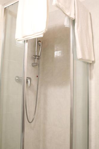 y baño con ducha y puerta de cristal. en Borgo Coricama, en Maniago