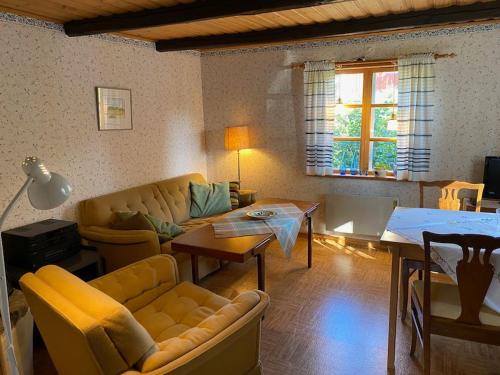 un salon avec un canapé et une table dans l'établissement Ekhult Lake Rusken - 2 cottages - fantastic nature, à Rörvik