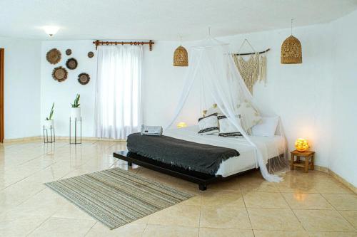 a bedroom with a bed with a mosquito net at Casa Zazen in Amatlán