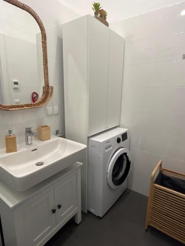 ein Badezimmer mit einer Waschmaschine neben einem Waschbecken in der Unterkunft Central Apartment 10 in Wien