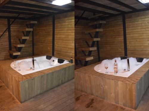 2 fotos de una bañera en una habitación en Omghat Glamping - Cabaña Shiva, en El Peñol