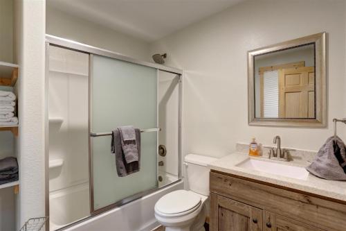 a bathroom with a shower and a toilet and a sink at Trail Mountain Cabin in Lead