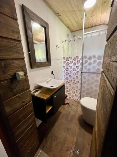 ein Badezimmer mit einem Waschbecken, einem WC und einem Spiegel in der Unterkunft Chalé canadense em Rio Bonito in Rio dos Cedros