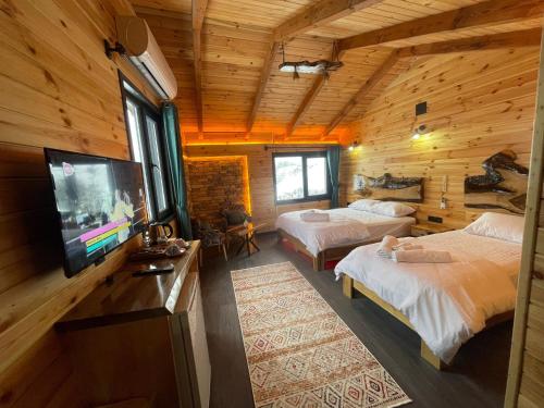 a bedroom with two beds and a flat screen tv at Lotus Çamlıhemşin Suit & Bungalov in Çamlıhemşin