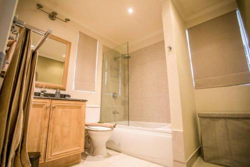 a bathroom with a toilet and a shower and a sink at Designer Penthouse - Stunning Property with Amazing Views in Saint James