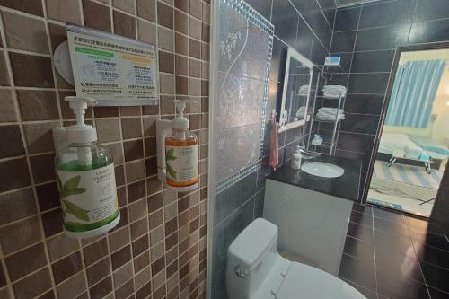 a bathroom with a toilet and a sink and a mirror at 台東市民宿賞星月沐文創館Enjoy Star丨網紅民宿丨親子友善丨寵物友善丨療癒民宿丨可包棟自動麻將機卡拉OK機丨雅致庭院丨近機場娜路彎酒店 l 可自助入住 in Taitung City