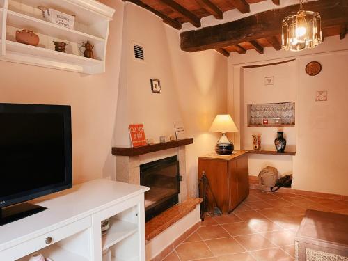 a living room with a tv and a fireplace at Casa Melograno in SantʼAndrea di Compito