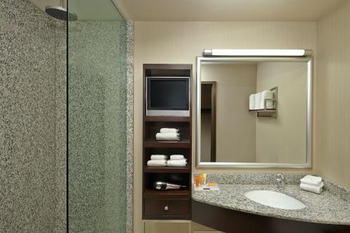 a bathroom with a sink and a mirror and a television at Acclaim Hotel by CLIQUE in Calgary