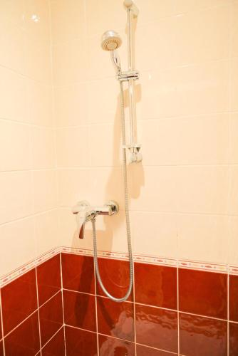 La salle de bains est pourvue d'une douche et de carrelage rouge. dans l'établissement Chalet Les Ecrins - Studio Cabine 3/4 personnes exposé Nord-Est MAE-7994, à Valloire