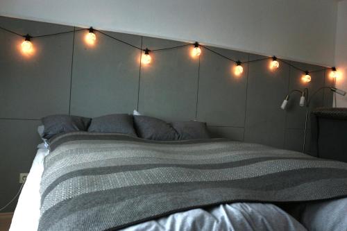 a bedroom with a large bed with lights above it at Gemütlich schnuckelige Wohnung mit -Sommer- Pool in Nidderau