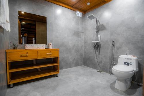 a bathroom with a shower and a toilet and a sink at Maple Resorts in Skardu