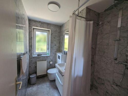 a bathroom with a toilet and a sink and a shower at Majestic apartment in Werder in Werder