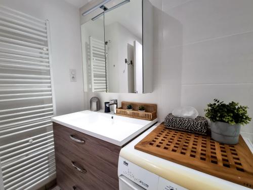a bathroom with a sink and a mirror at Les Iris T2 en centre ville in Le Lavandou