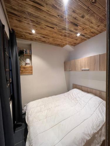 - une chambre avec un lit et des plafonds en bois dans l'établissement Petit appartement à Sevrier, à Sévrier