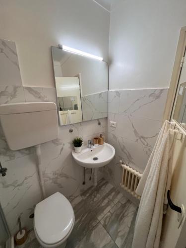 W łazience znajduje się toaleta, umywalka i lustro. w obiekcie Studio calme à deux pas de la mer avec jardin et parking privé w mieście Beaulieu-sur-Mer