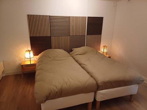 1 cama en una habitación con 2 lámparas en 2 mesas en Natuur Appartement Dinxperlo en Dinxperlo