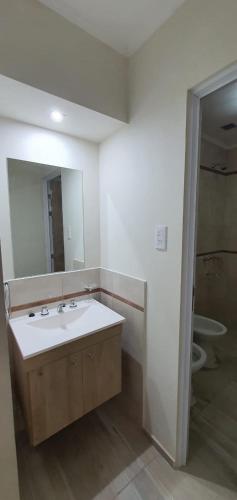 een badkamer met een wastafel, een spiegel en een toilet bij Depto Catalina in Rafaela