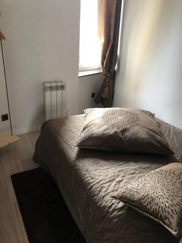 - un lit avec deux oreillers dans une chambre dotée d'une fenêtre dans l'établissement Studio charmant au cœur de Clermont-Ferrand, 30 m², cheminée, à Clermont-Ferrand