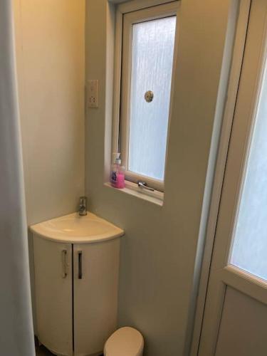 a bathroom with a toilet and a sink and a window at Belle Vista Glamping & Camping in York