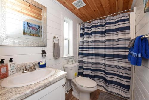 a bathroom with a sink and a toilet and a shower at Sweet Creek Retreat in Turtletown