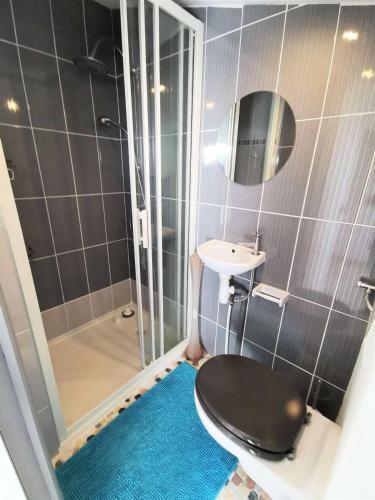 une salle de bain avec toilettes, lavabo et douche dans l'établissement Résidence Belle Plage - Maisons & Villas pour 6 Personnes 764, à Leucate