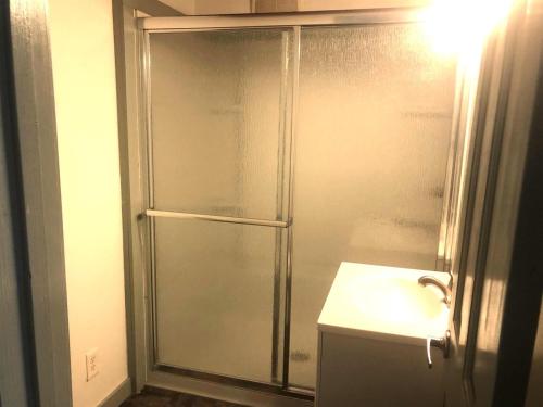 un bagno con doccia e lavandino di Copper Duck Cottage a Copperhill