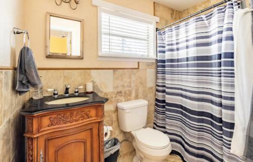 y baño con aseo, lavabo y ducha. en 3-Bed Bungalow walk to Historic Downtown Sanford, en Sanford