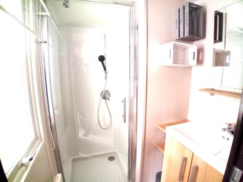 La petite salle de bains est pourvue d'une douche et de toilettes. dans l'établissement Bungalow charmant à Saint-Jean-de-Monts avec piscine privée, à Saint-Jean-de-Monts