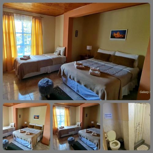 two pictures of a hotel room with two beds at Hotel Lago del Desierto in El Chalten