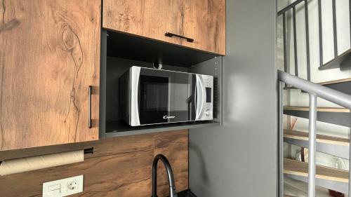 a microwave in a cabinet in a kitchen at Biznaga Nevada in Granada
