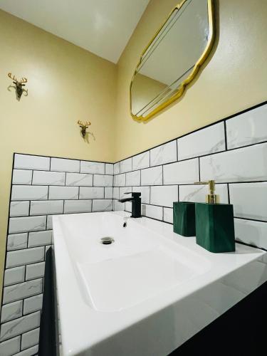a bathroom with a white sink and a mirror at Barnaby’s Barn in Carmarthen