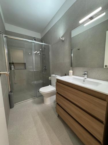 een badkamer met een toilet, een wastafel en een douche bij DREAM CALLAO in Santa Cruz de Tenerife