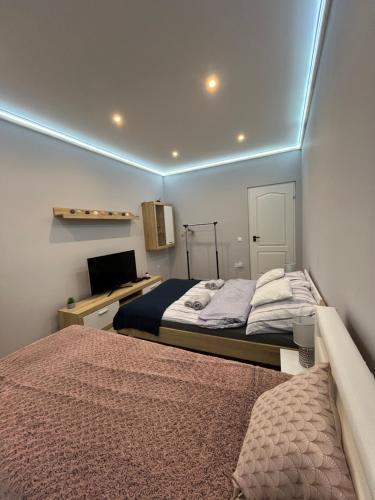 una camera con letto e scrivania di Luxury Zamárdi a Zamárdi