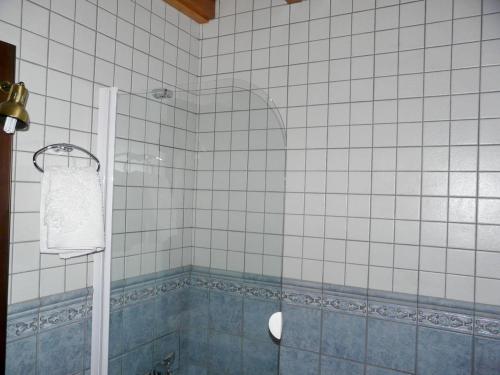 a bathroom with a shower with blue and white tiles at Charming Chalet in Viella, Mountain View in Vielha