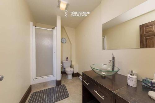 a bathroom with a glass bowl sink and a toilet at Au chalereux chalet Petite-rivière-saint-françois in Petite-Rivière-Saint-François