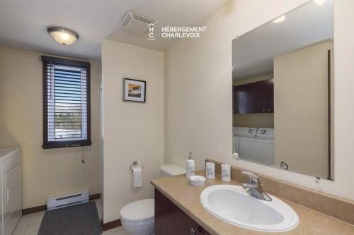 La salle de bains est pourvue d'un lavabo, de toilettes et d'un miroir. dans l'établissement Au chalereux chalet Petite-rivière-saint-françois, à Petite-Rivière-Saint-François