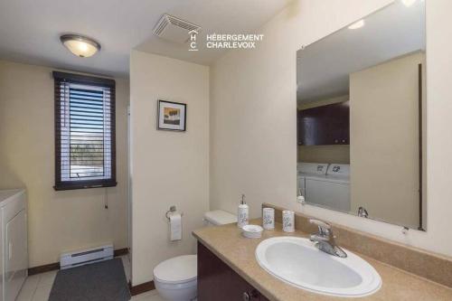 a bathroom with a sink and a toilet and a mirror at Au chalereux chalet Petite-rivière-saint-françois in Petite-Rivière-Saint-François