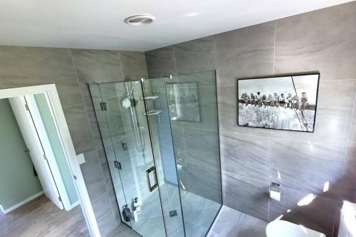 a bathroom with a shower with a picture on the wall at Golden Bay Heights - Luxury Accommodation in Parapara 