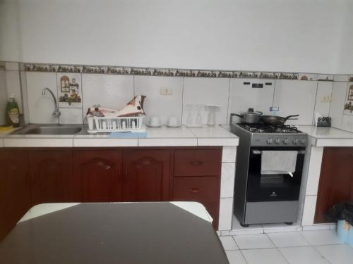 a kitchen with a stove and a sink at Casa-Posada in Cajamarca