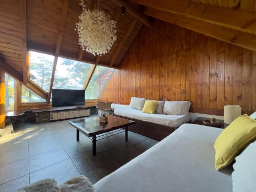 Habitación con 2 camas, sofá y TV. en Punta Manzano en Villa La Angostura
